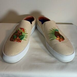 KEDS Sz 8 Slip On Slides Canvas Shoes Embroidered Pineapple Coconut Rubber Sole